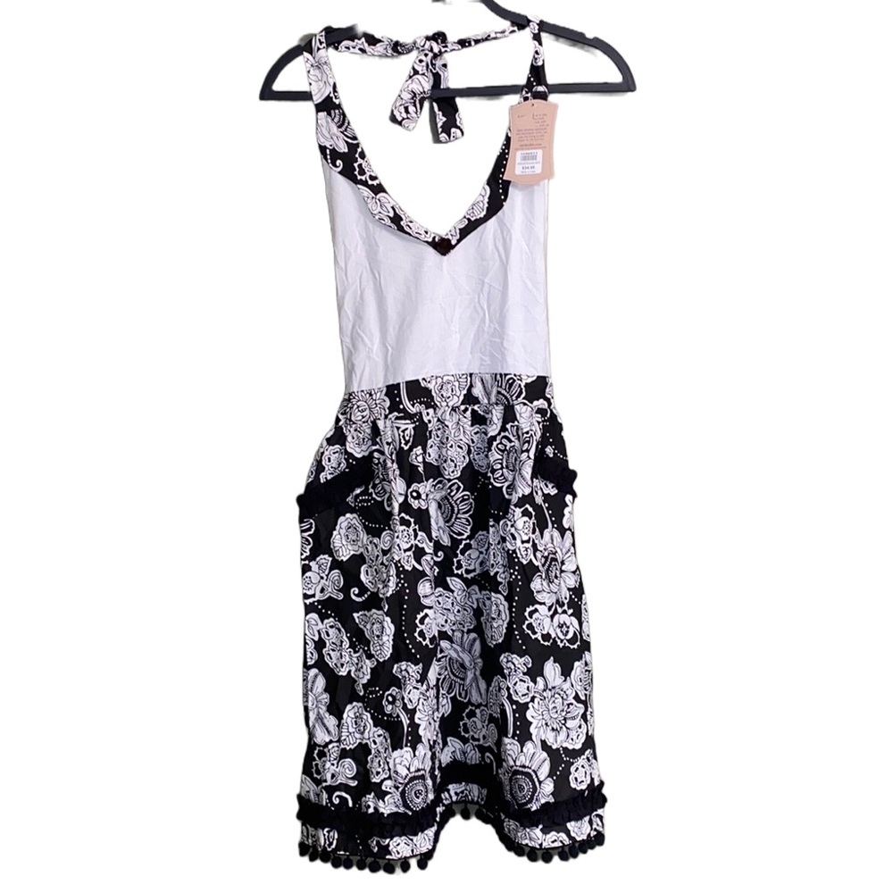 NWT👩‍🍳Sur La Table Black & White Cotton Vintage Inspired Apron Pockets, Neck Tie